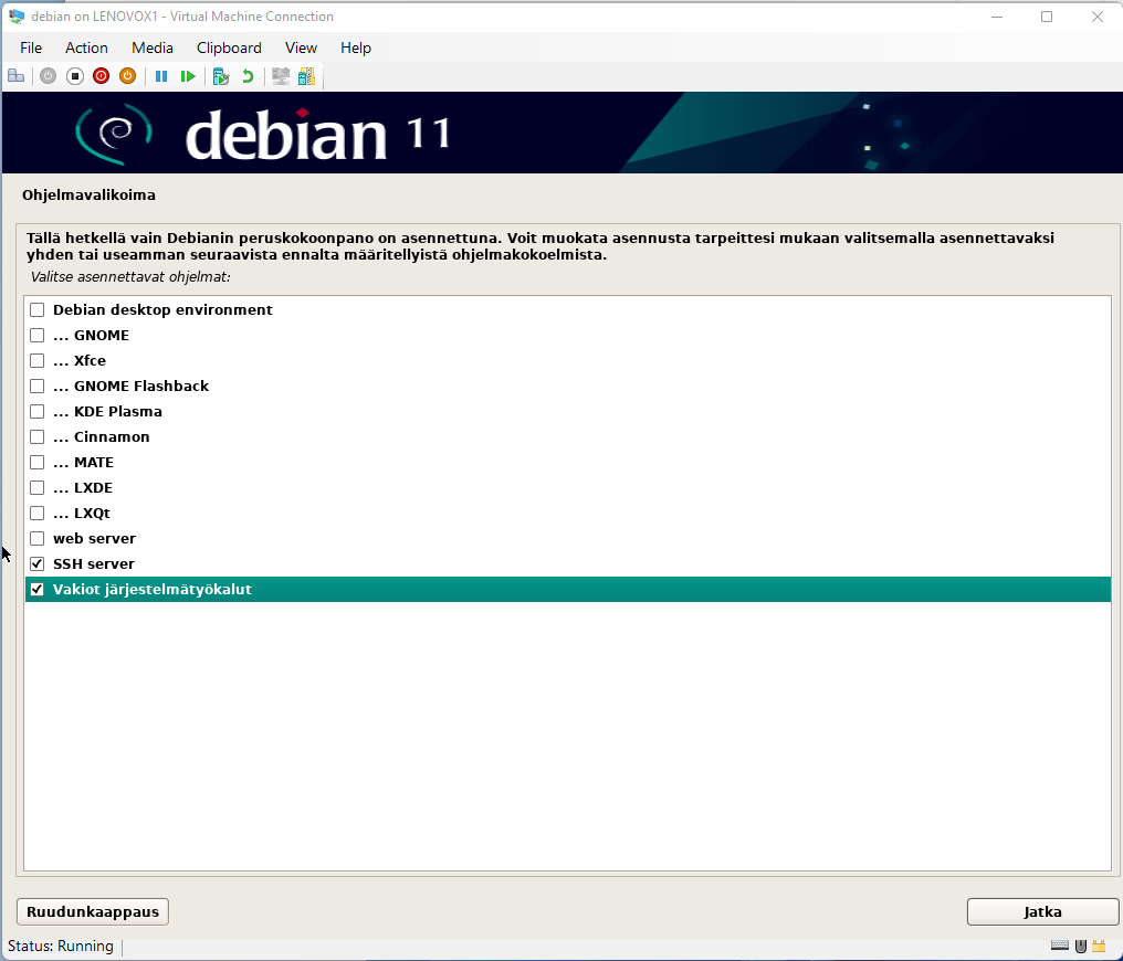 Jätin asennettaviksi ohjelmistokomponenteiksi etäkirjautumisen sallivan SSH-palvelun sekä perustoimintoja sisältävän komponentin