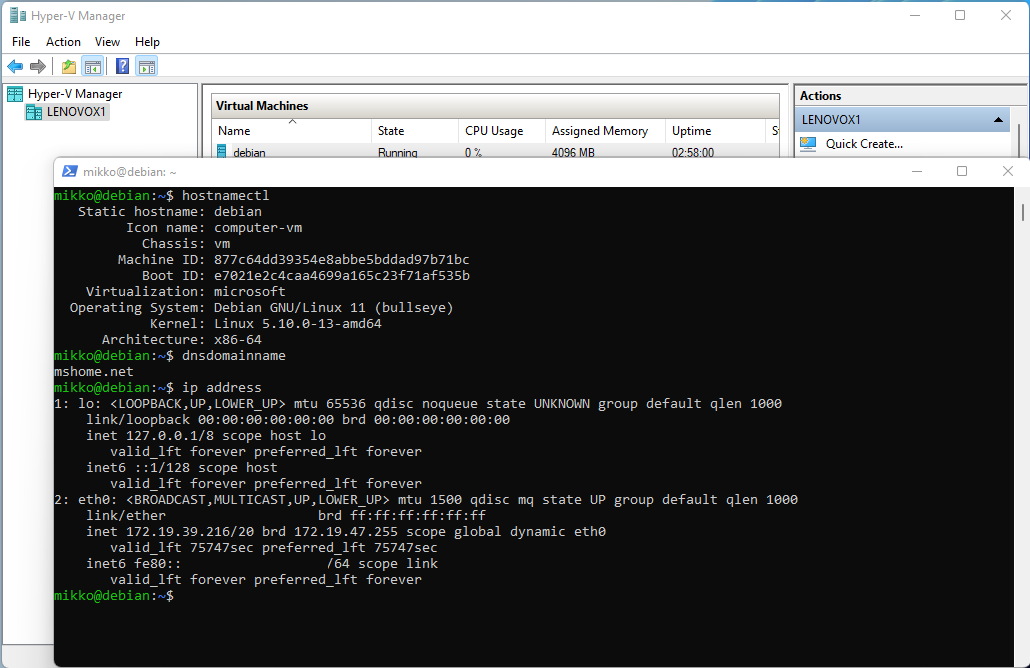 SSH-yhteys Hyper-V:n päällä toimivaan Debian Linuxiin
